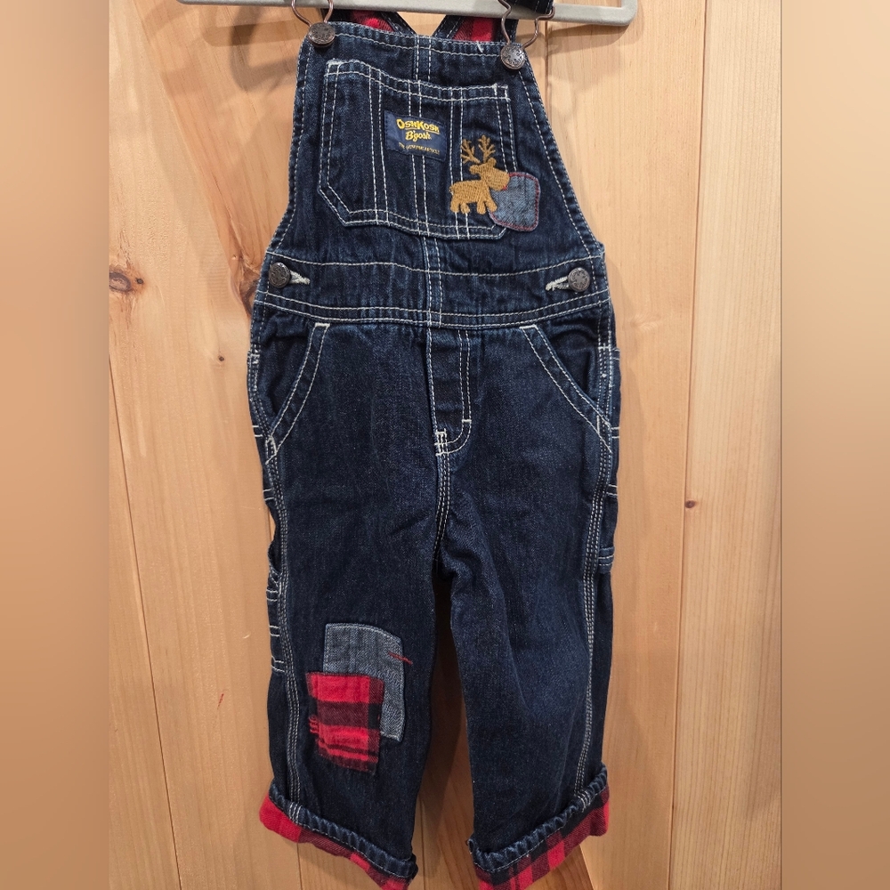 OshKosh B'gosh Buffalo Plaid Lined Moose Denim Toddler Overalls